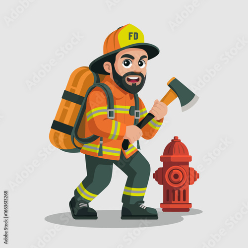 This lively illustration features a firefighter holding an axe near a fire hydrant, embodying the heroism and dedication of firefighters in their critical role within the community.