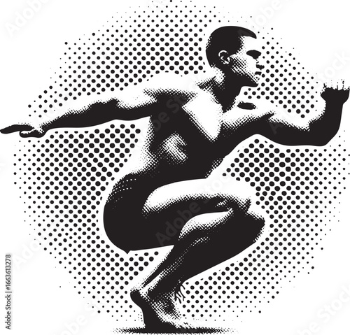 A monochrome illustration of a man performing a dynamic athletic squat exercise against a dotted