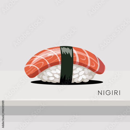 This image showcases a beautifully crafted piece of sushi nigiri with vibrant salmon atop a mound of rice, presented on a clean minimalist background for culinary aesthetics.