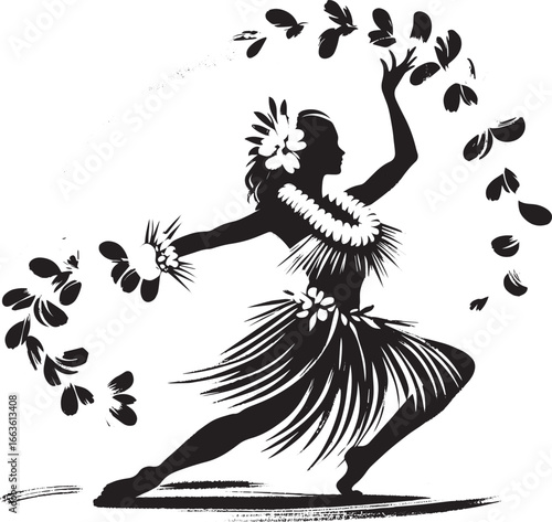 Elegant monochrome illustration of a Polynesian dancer in expres
