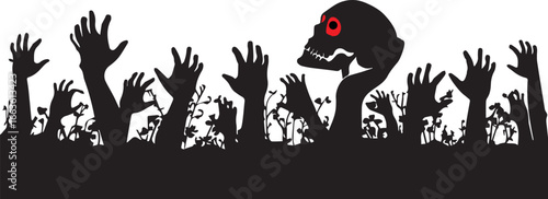 Halloween zombie hands crowd rising from ground with skull vector illustration graphic design