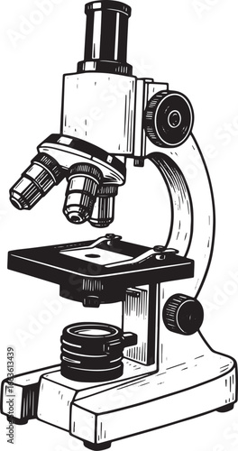 Vintage style woodcut microscope illustration on an isolated whi