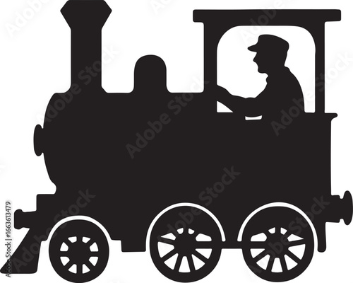 Black silhouette of a steam train engine with a driver in the cab steam engine locomotive