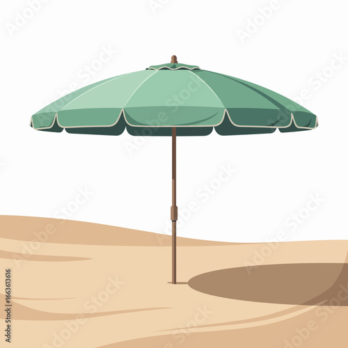 A stylish beach umbrella stands tall on soft sand, symbolizing summer leisure and relaxation, inviting viewers to enjoy sunny days by the shore in a calming seaside atmosphere.
