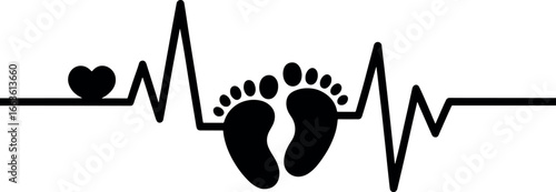 Heartbeat with Baby Feet Illustration Depicting Love and New Life Hope and Excitement of Parenthood Black and White Graphic Design