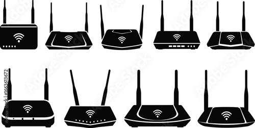 Wireless Router Icons Set – Black WiFi Signal Router Silhouettes with Dual Antennas for Network and Internet Technology