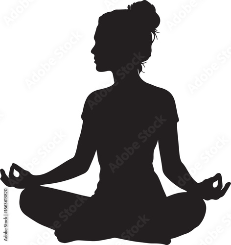 Black silhouette of a woman meditating in a lotus position with hands in Gyan Mudra yoga