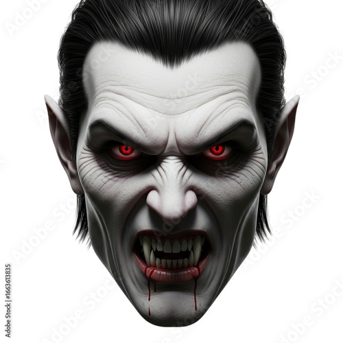 Close-up portrait of a terrifying vampire with sharp fangs glowing red eyes and pale skin transparent background