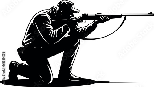 Hunter aiming rifle silhouette in the forest for hunting season or sport target shooting with black and white vector illustration representing outdoor activities