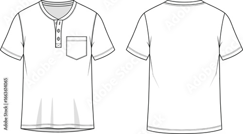 Short sleeve henley shirt flat sketch, front and back view, fashion vector template, chest pocket detail, casual clothing mockup, technical apparel design, outline