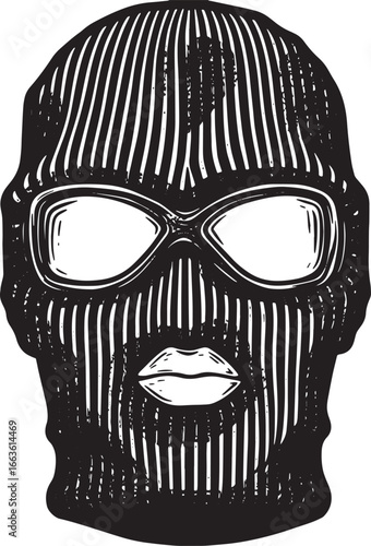Striking woodcut illustration of a face covered by a ski mask wi
