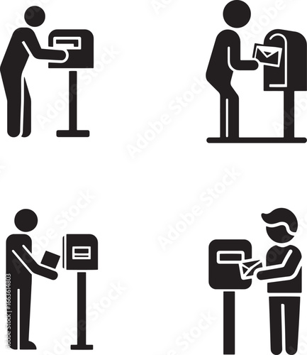 A simple icon depicting a person putting a letter into a mailbox, in a vector graphic style with a solid white background.eps