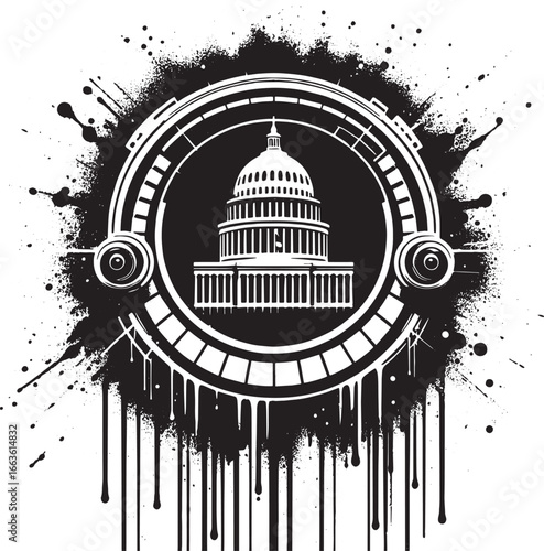 Artistic Vector Illustration of the US Capitol Building with Splatter Effect Design