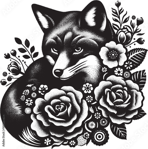 Black and white illustration of a fox surrounded by flowers, a vintage style design