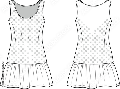 CAD drawing flat vector illustration of sleeveless pleated dress, checkered bodice, scoop neckline, stylish fashion garment layout, front back sketchCAD drawing