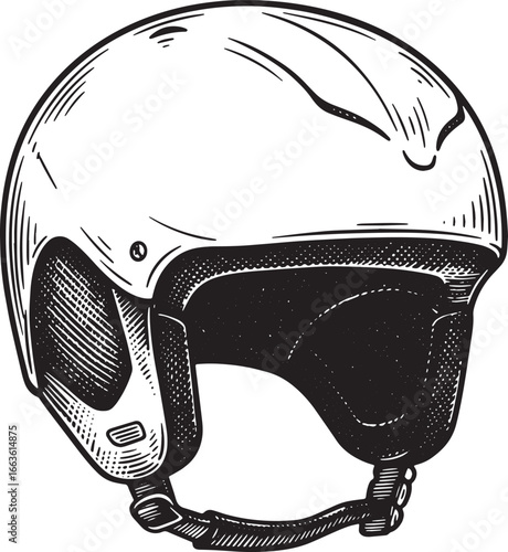 Monochrome woodcut drawing of a luge helmet on a white backgroun