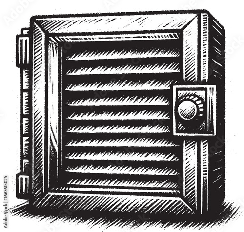 Illustration of a vintage safe, black and white, security, protection, savings, strongbox
