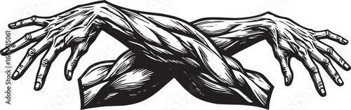 Intertwined arms artwork in etched monochrome style providing po