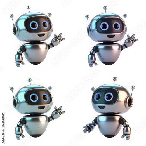 3d cute ai robot character in different angles. Chat bot mascot isolated render icon set. Digital artificial intelligence chatbot, friendly support assistant. Electric cyborg agent