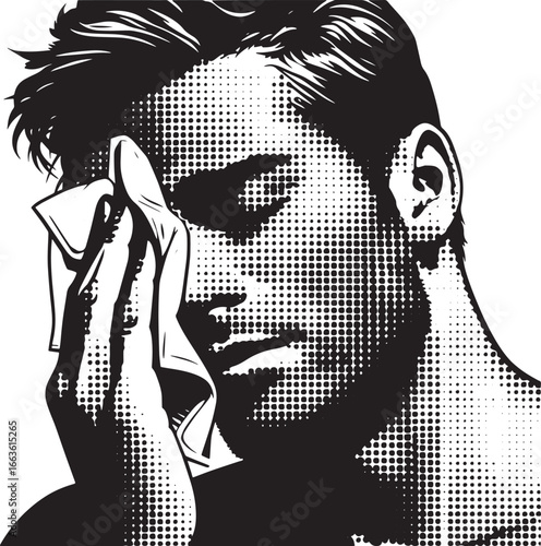Vector illustration of a man wiping sweat from his face in a black and white halftone style