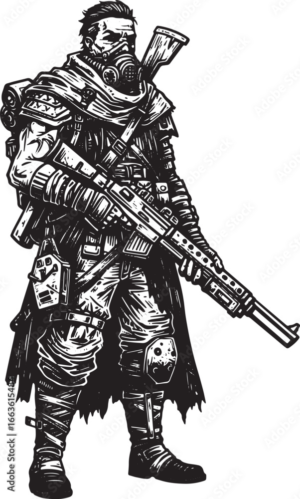 Fototapeta premium Monochrome illustration of a post-apocalyptic survivor equipped