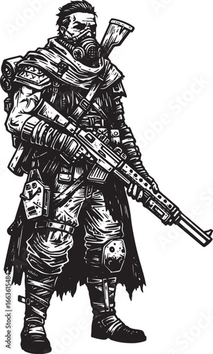 Monochrome illustration of a post-apocalyptic survivor equipped