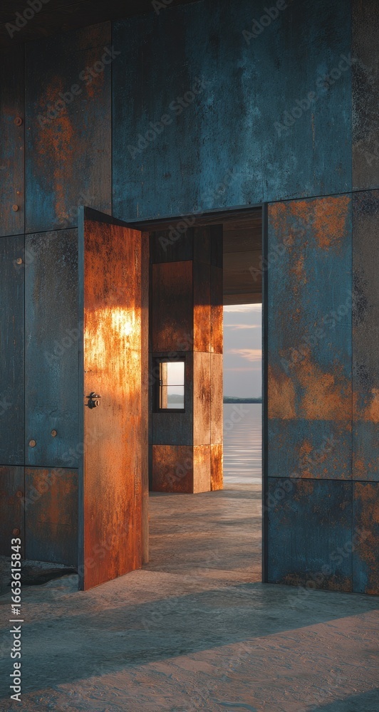 Obraz premium Rust-colored door opening into a space