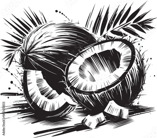 Coconut composition in monochrome sumi-e style with dynamic brus