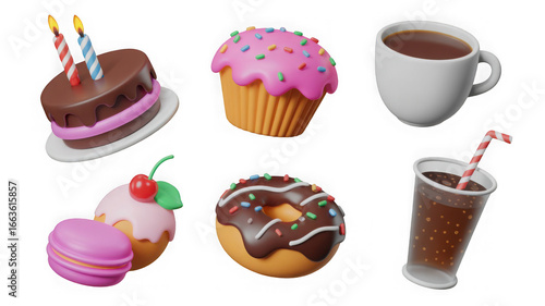 3d dessert icons, chocolate cake with birthday candle, muffin, sweet doughnut, macaroon, ice cream decorated cherry, cup of coffee or tea and soda drink, isolated realistic render.