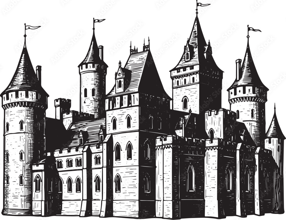 Fototapeta premium Detailed Woodcut Illustration of a Grand Medieval Castle, Isolat