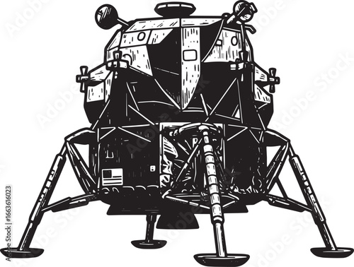 Lunar module graphic exploration, vintage design with hatch styl