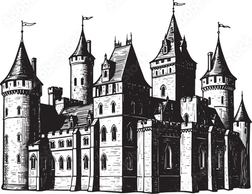 Detailed Woodcut Illustration of a Grand Medieval Castle, Isolat