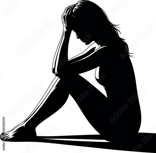 Silhouette of a Despondent Woman Sitting with Head in Hands Expressing Grief and Sadness in High Contrast Black and White