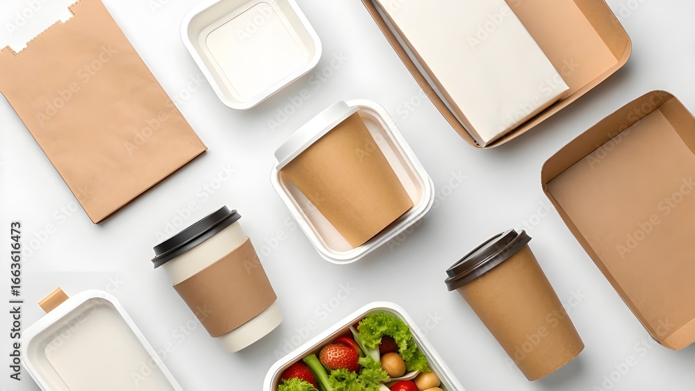 Fototapeta premium Sustainable food packaging Mockup Eco-friendly takeaway containers, coffee cups, and paper bags on a white background, promoting zero waste and environmental consciousness