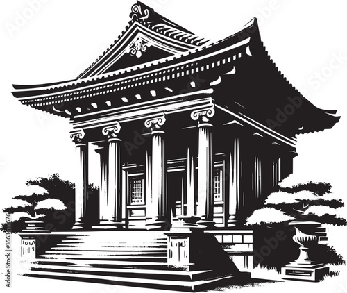 Elegant monochrome architectural illustration of a classical bui