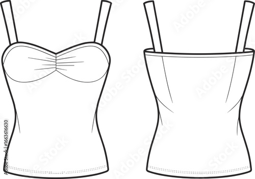 Sleeveless top CAD drawing flat vector illustration, gathered bust detail, fitted design, front and back views, fashion sketch, garment template, stylish clothing concept