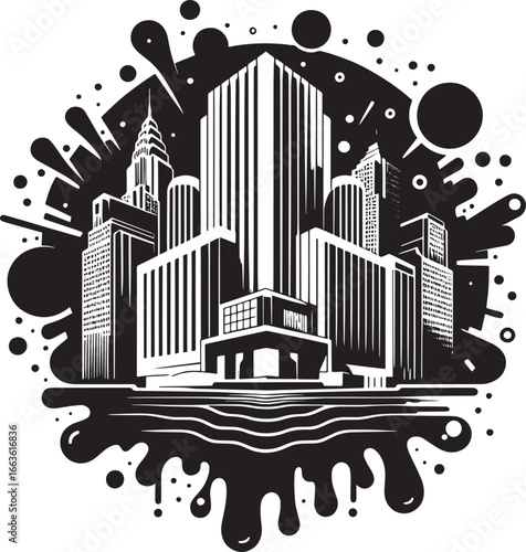 Black and White Cityscape Illustration Showcasing Skyscrapers and Urban Architecture Design