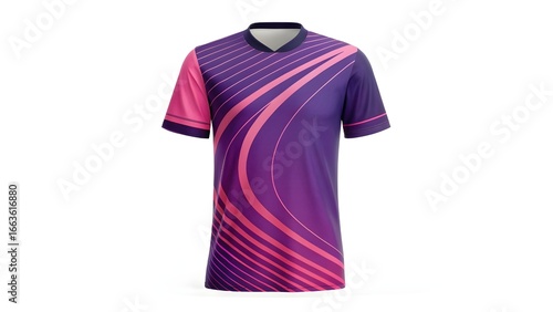 Abstract gradient sports jersey design Mockup in vibrant purple and pink. Blank athletic T-shirt template for team uniform customization.