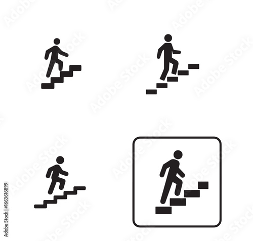 A simple icon of a person walking up the stairs, on a white background, in black color.eps