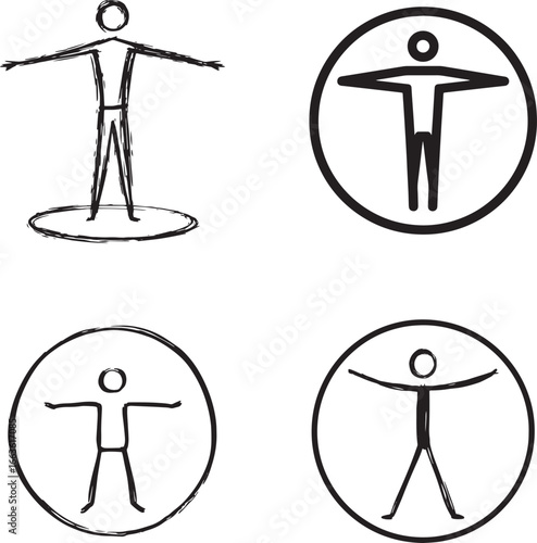 A simple icon depicting a stick figure standing in a circle with arms outstretched and legs wide apart.eps