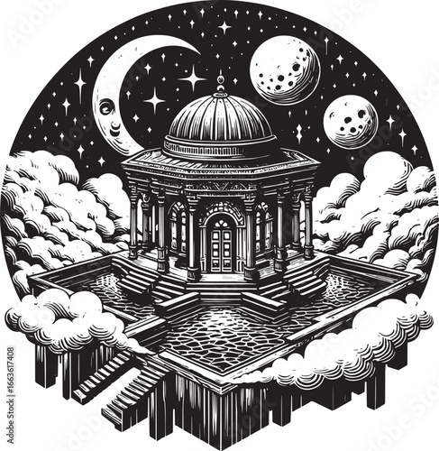 Mystical Celestial Observatory: A Black and White Illustration of a Dome Under a Starry Night