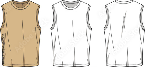 CAD drawing flat vector illustration of sleeveless t-shirt, crew-neck style, fashion garment layout, front back views, technical sketch template CAD  template