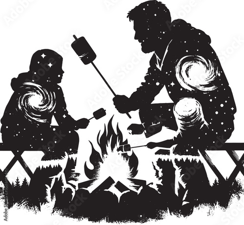 Father and child roasting marshmallows around campfire enjoying silhouette graphic illustration