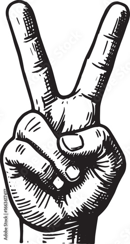 Woodcut Hand Showing Victory Gesture, Black and White Engraving