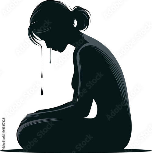 Silhouette of a woman in deep sorrow a conceptual illustration of depression and emotional pain with flowing tears
