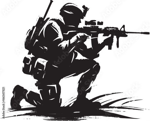 Silhouette of kneeling soldier with rifle, tactical gear in brus