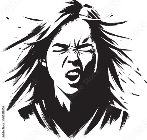 Sumi-e stylized woman experiencing a powerful sneeze, exaggerate