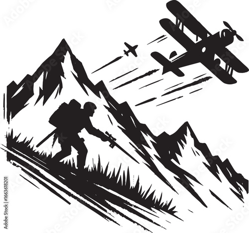 Stylized Adventure Illustration Featuring a Soldier and Airplane