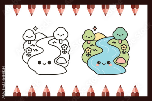 Cute Kawaii River Bend Vector For Coloring