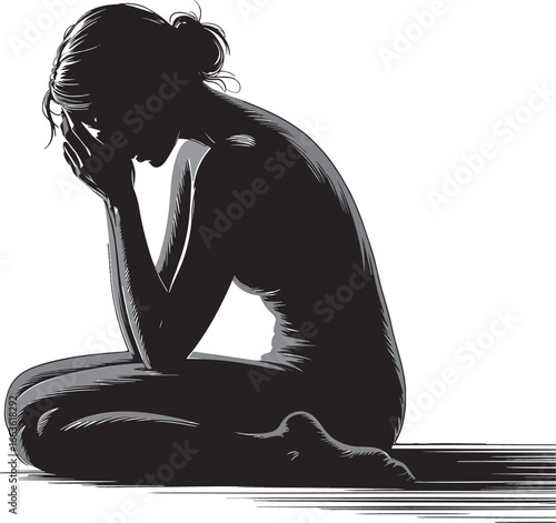 Silhouette of a woman in despair with head in hands portraying mental health challenges and emotional distress on white background